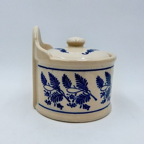 Stoneware Blue Onion Wall Salt Cellar Pig Crock Lid Cobalt Hanging Taiwan - Picture 4 of 12